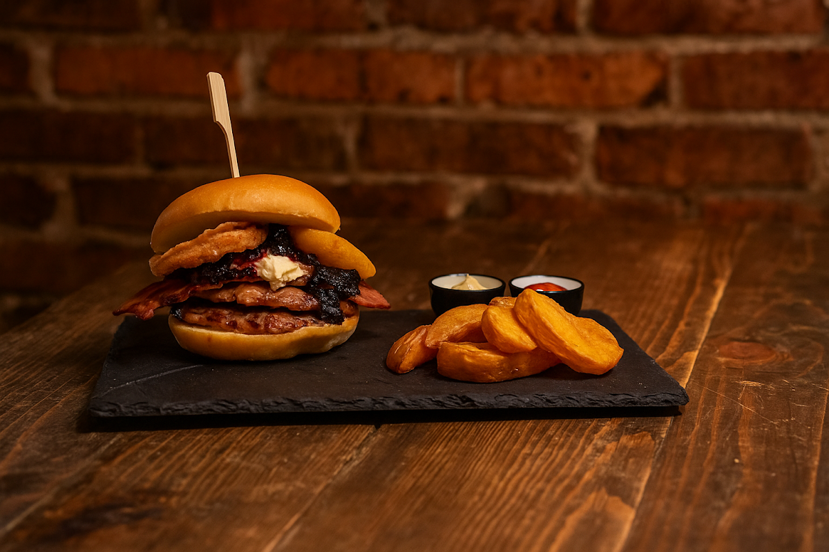 Hamburguesa gourmet con capas de carne, bacon y boniato asado